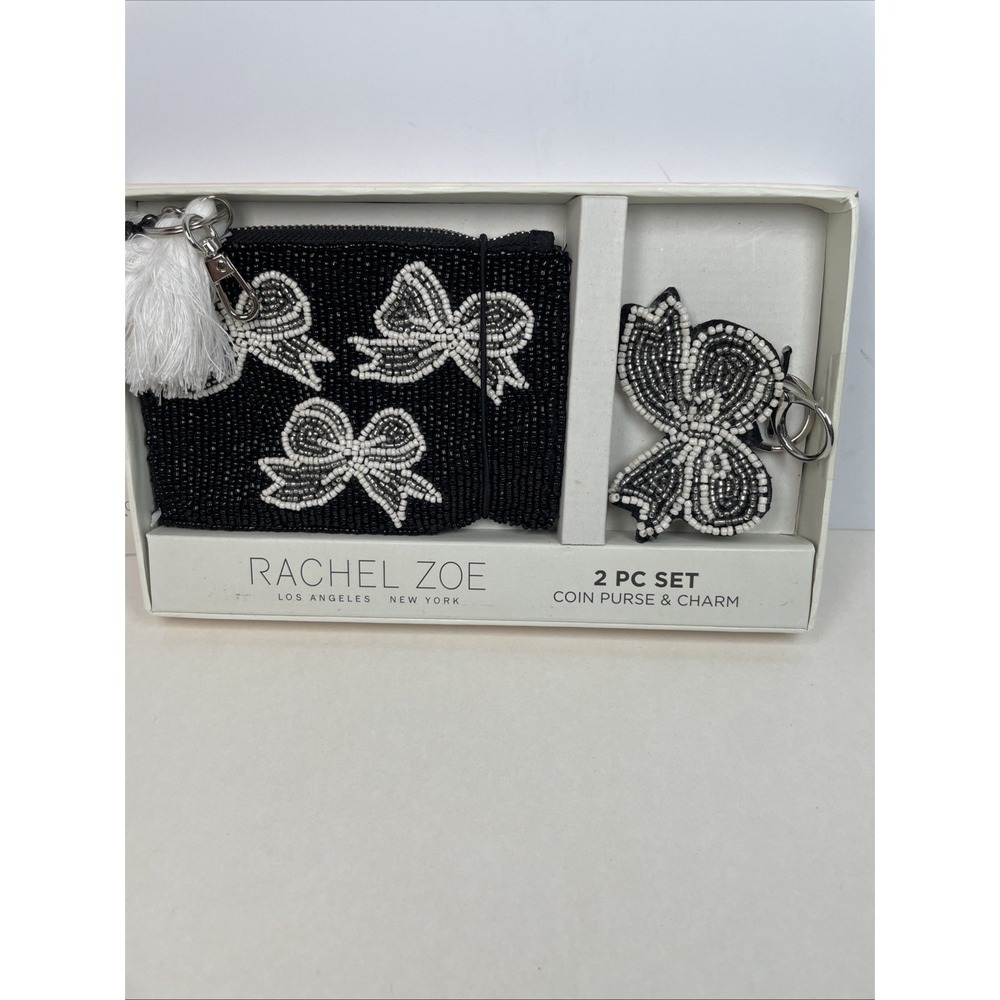 Rachel Zoe Black & Silver Wht Beaded Bow Coin Purse & Handbag Charm Gift Set NWT - Picture 5 of 5